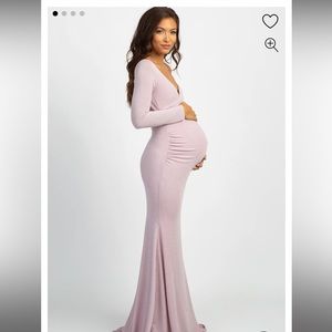 PinkBlush Pink Metallic Off Shoulder Long Sleeve Wrap Maternity Photoshoot Dress
